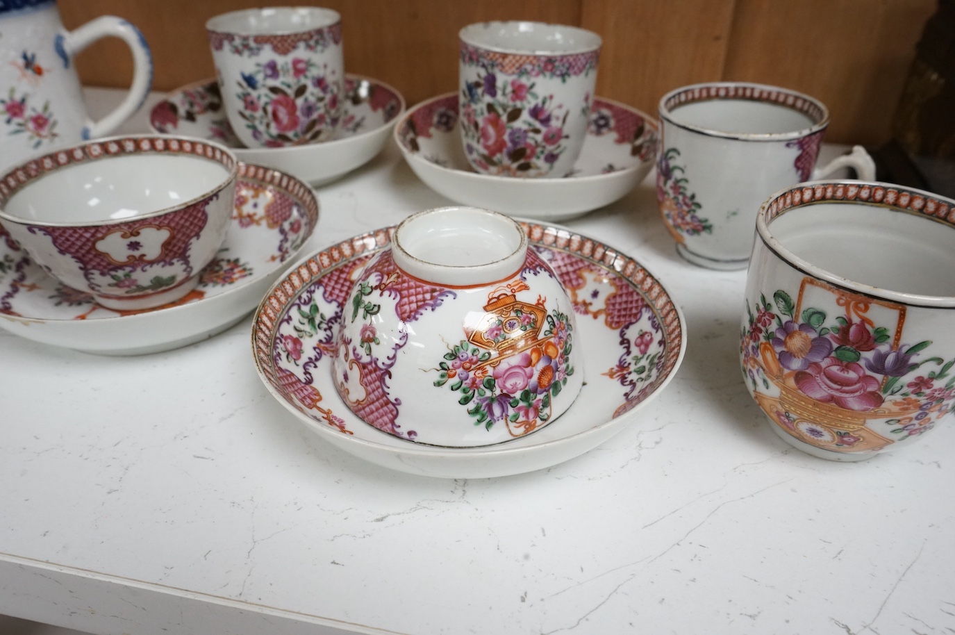 A group of 18th century Chinese export tea and coffee cups, saucers and a mug, mug 9cm high